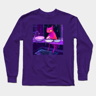 Pink Cat Creature Washes Dishes After a Long Night Long Sleeve T-Shirt